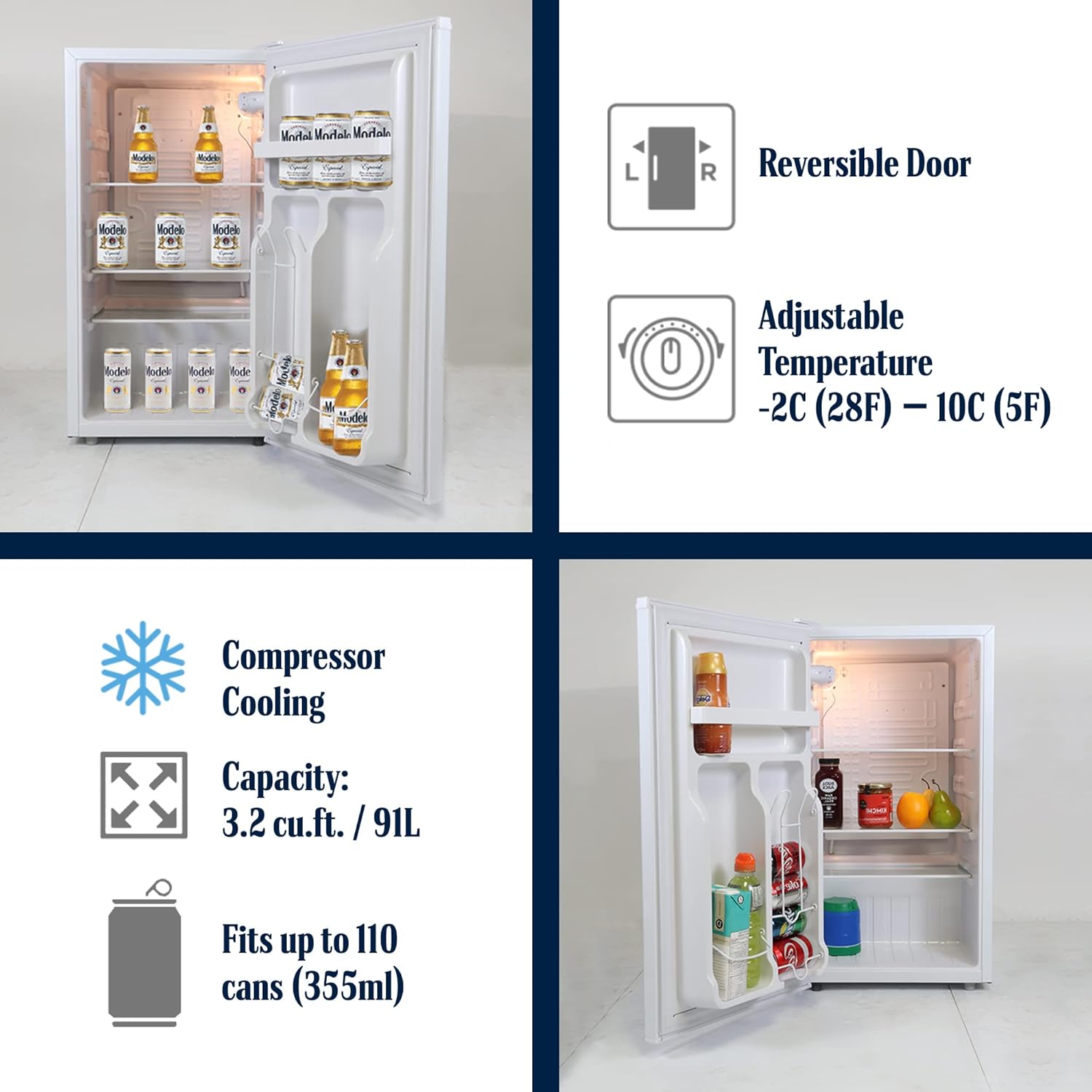 Modelo Mini Fridge — adjustable temperature dial with seven preset settings